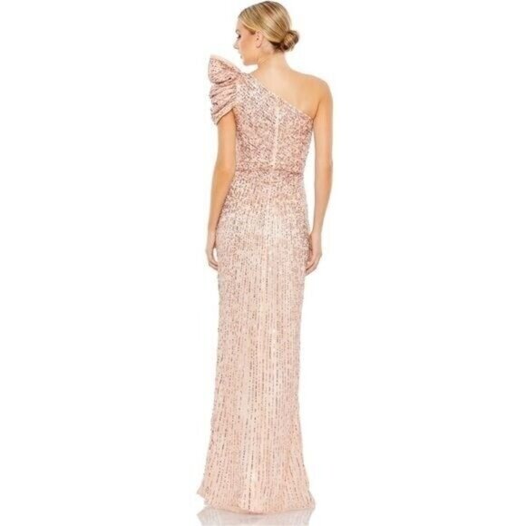 NWT MAC DUGGAL‎ 5622 EMBELLISHED PUFF SLEEVES ONE SHOULDER GOWN IN APRICOT - Picture 3 of 10
